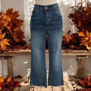 High Rise Wide Leg Jeans L Distressed Hem Retro USA Flag Pockets Boho Chic Indie